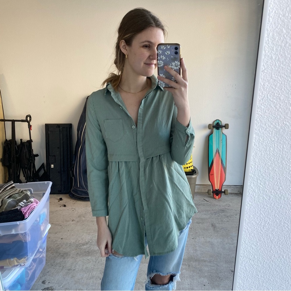 Aidijiayan Fashion Striped Button Down with Pockets (L)